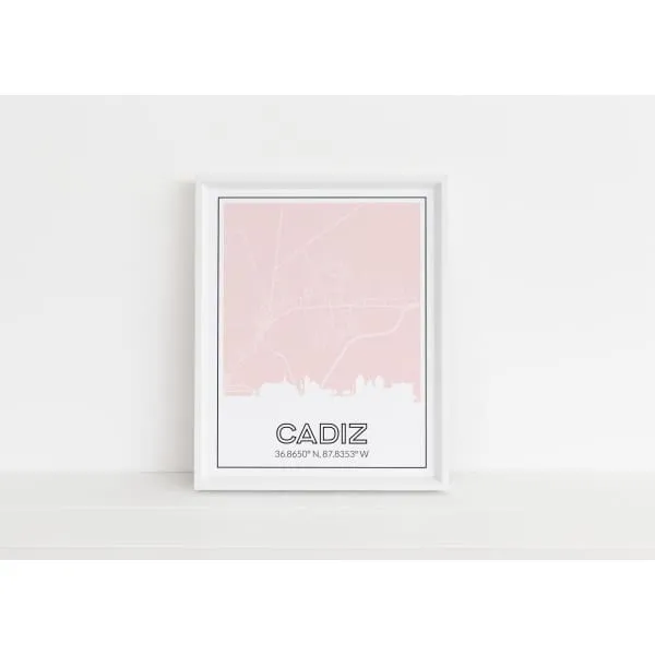 Cadiz Kentucky skyline and map art print with city coordinates