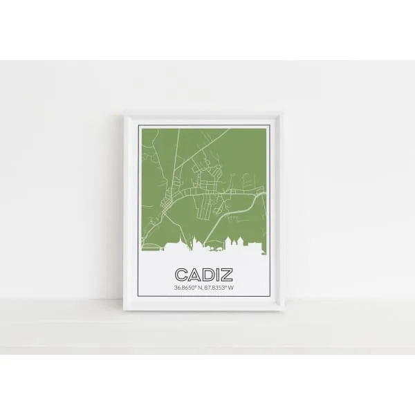 Cadiz Kentucky skyline and map art print with city coordinates