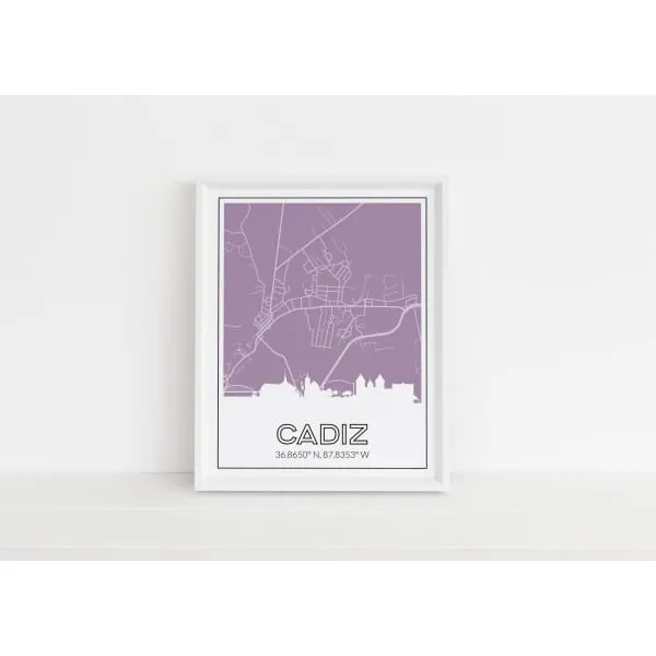 Cadiz Kentucky skyline and map art print with city coordinates