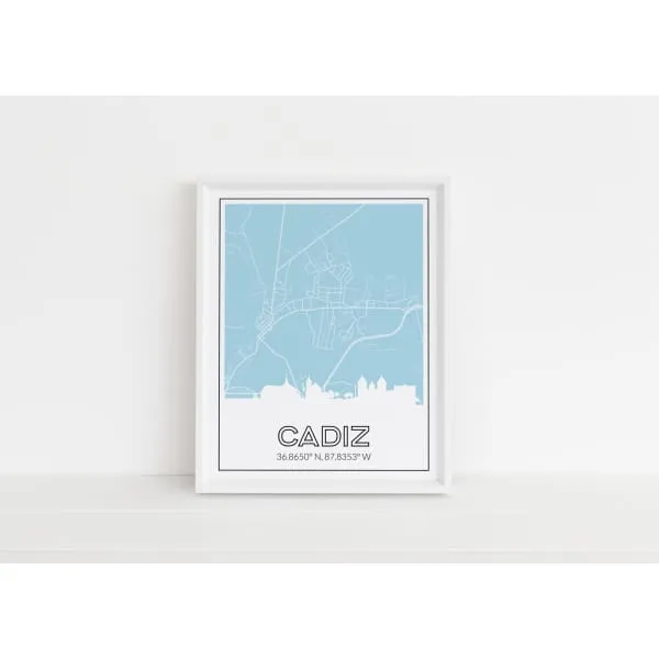 Cadiz Kentucky skyline and map art print with city coordinates