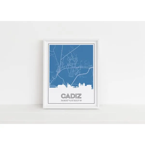 Cadiz Kentucky skyline and map art print with city coordinates