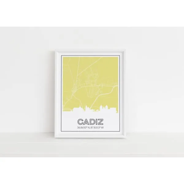 Cadiz Kentucky skyline and map art print with city coordinates