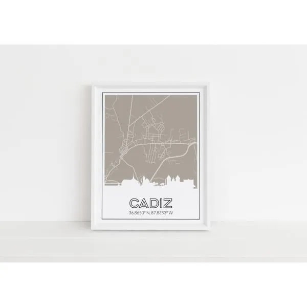 Cadiz Kentucky skyline and map art print with city coordinates