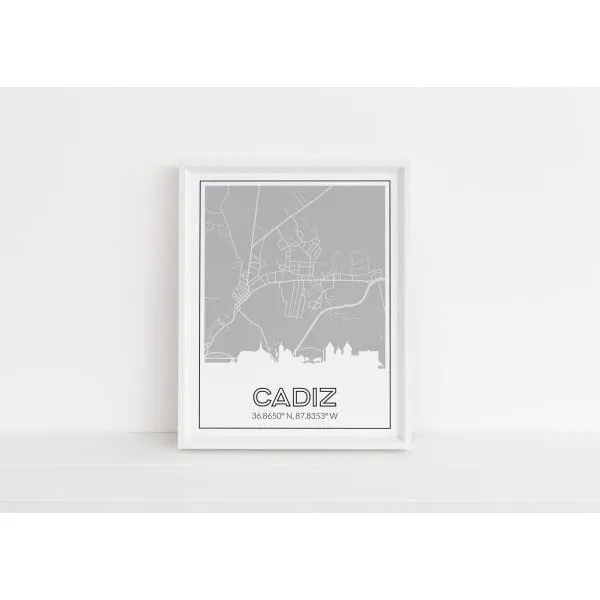 Cadiz Kentucky skyline and map art print with city coordinates
