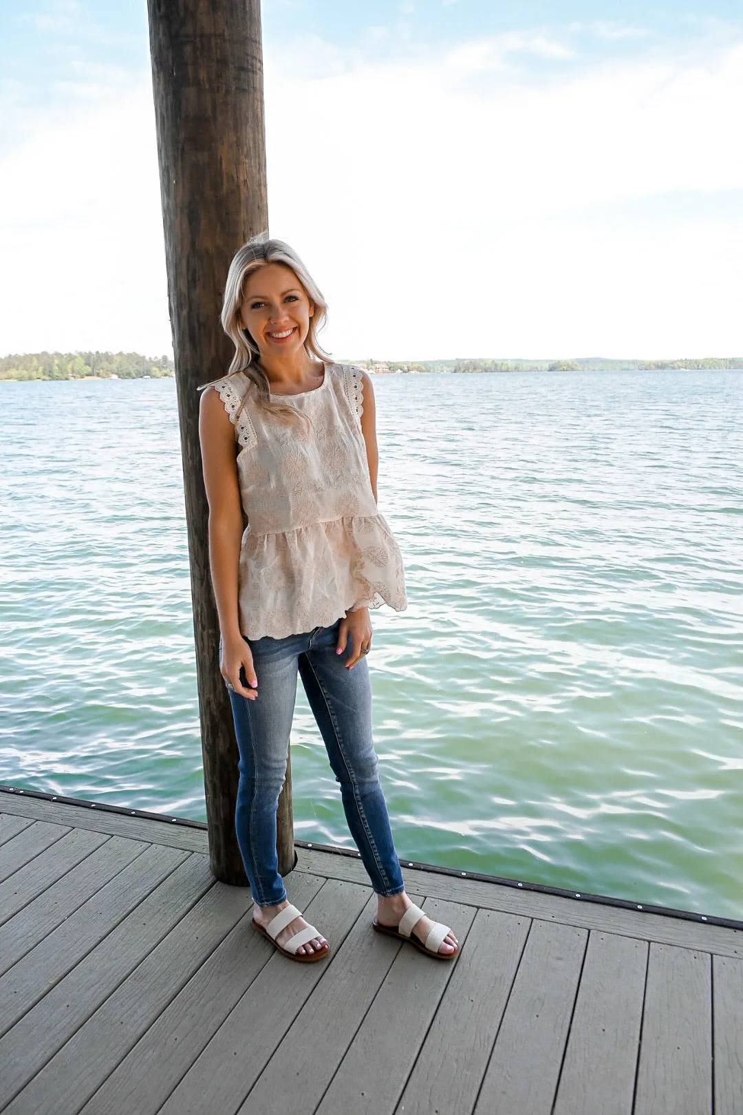Caroline Peplum top- white/pink