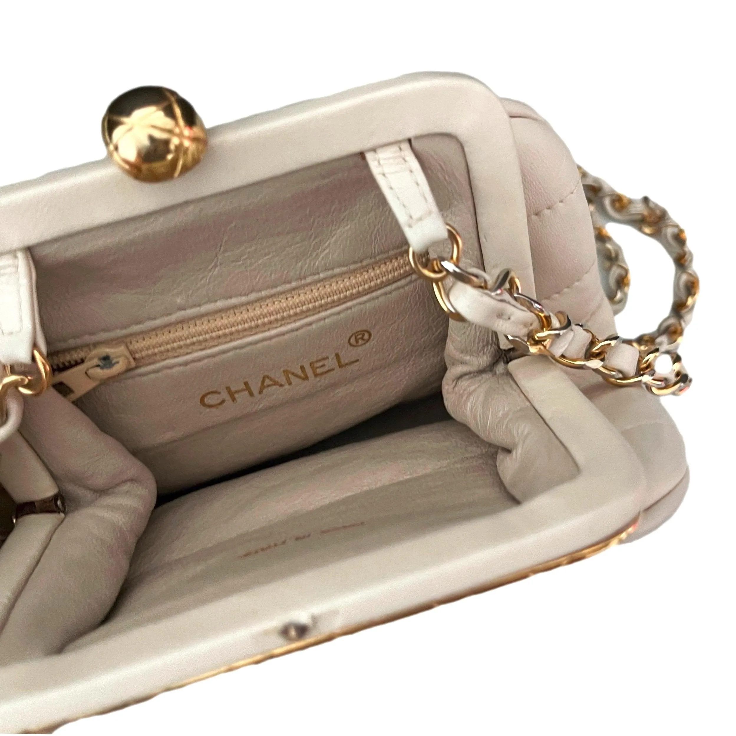 Chanel Cream Logo Kisslock Chain Bag