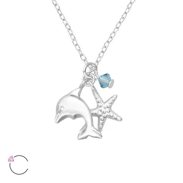 Children's Necklaces:  Sterling Silver Ocean Life Cluster Necklace with La Crystale Aquamarine Crystal, Dolphin and Starfish