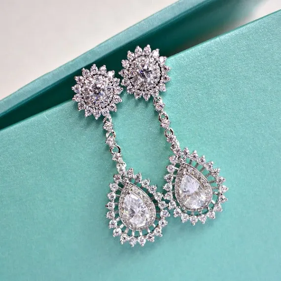 CZ Art Deco Teardrop Chandelier Bridal Earrings. Cubic Zirconia Crystal Halo Sunburst Pageant Long Dangle Wedding Earrings. Wedding Jewelry