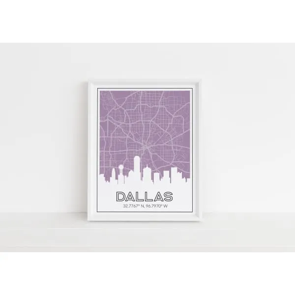 Dallas, Texas skyline and map with coordinates