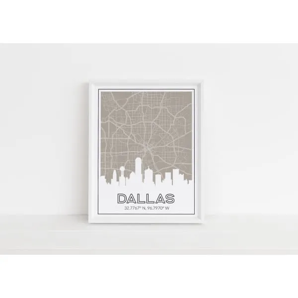 Dallas, Texas skyline and map with coordinates