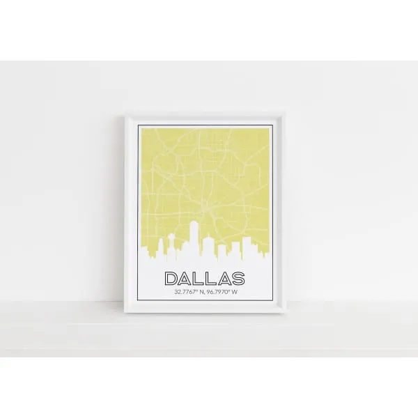 Dallas, Texas skyline and map with coordinates