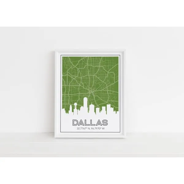 Dallas, Texas skyline and map with coordinates