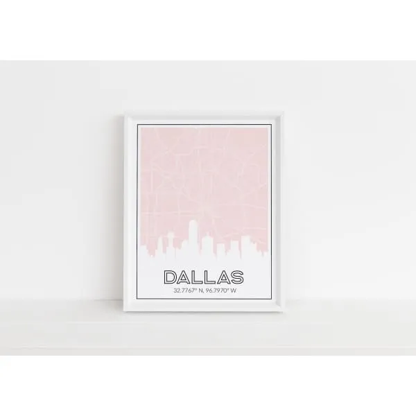 Dallas, Texas skyline and map with coordinates