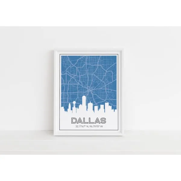 Dallas, Texas skyline and map with coordinates