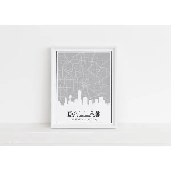 Dallas, Texas skyline and map with coordinates