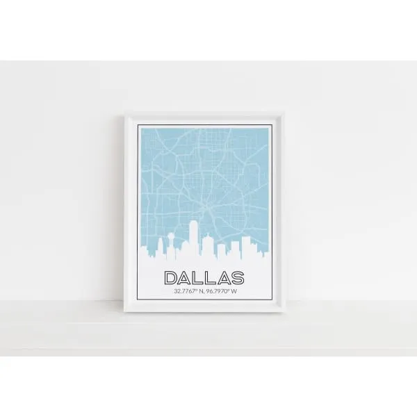 Dallas, Texas skyline and map with coordinates