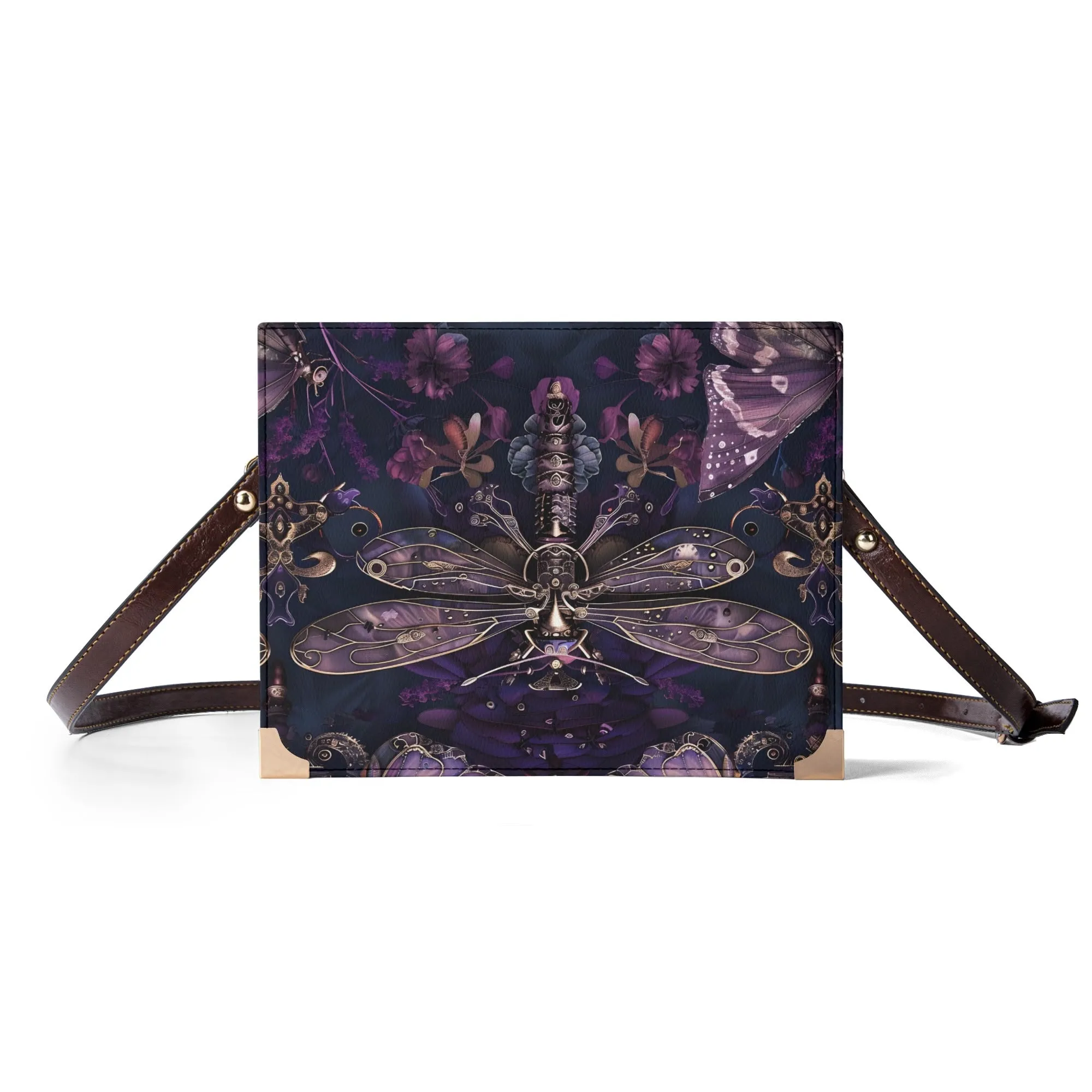 Dark Dragonfly Steampunk Book Cover Crossbody Bag – Unique Book Lovers Purse for Carrying Books, Tablets, & Journals