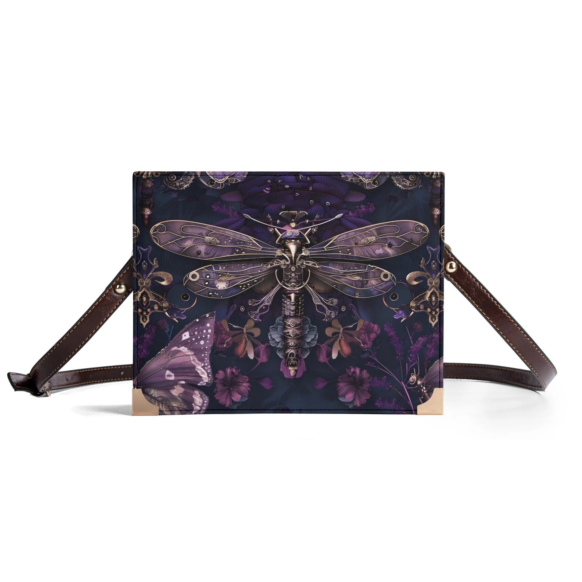 Dark Dragonfly Steampunk Book Cover Crossbody Bag – Unique Book Lovers Purse for Carrying Books, Tablets, & Journals