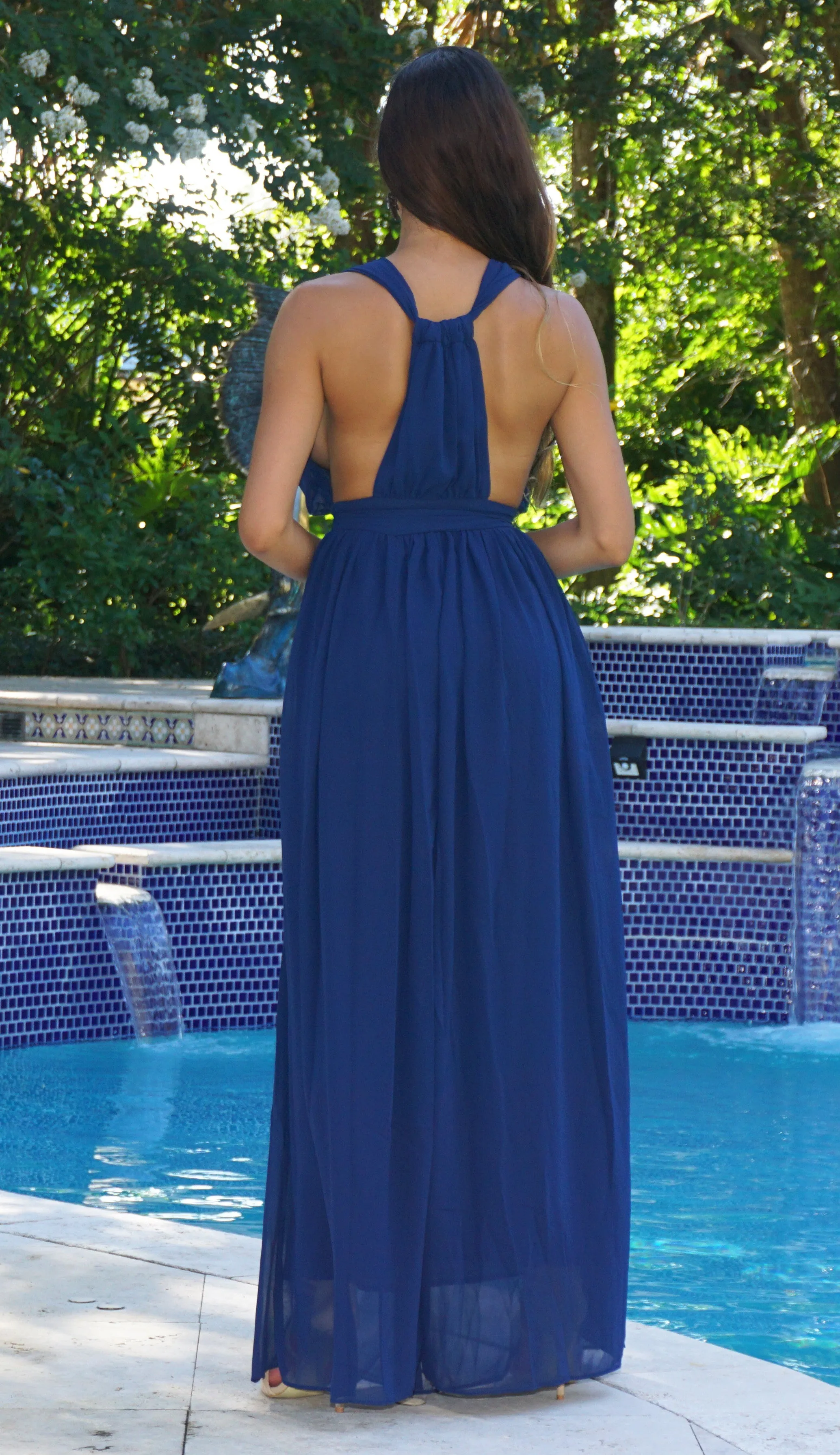 Deep Plunge Maxi Dress - Navy Blue