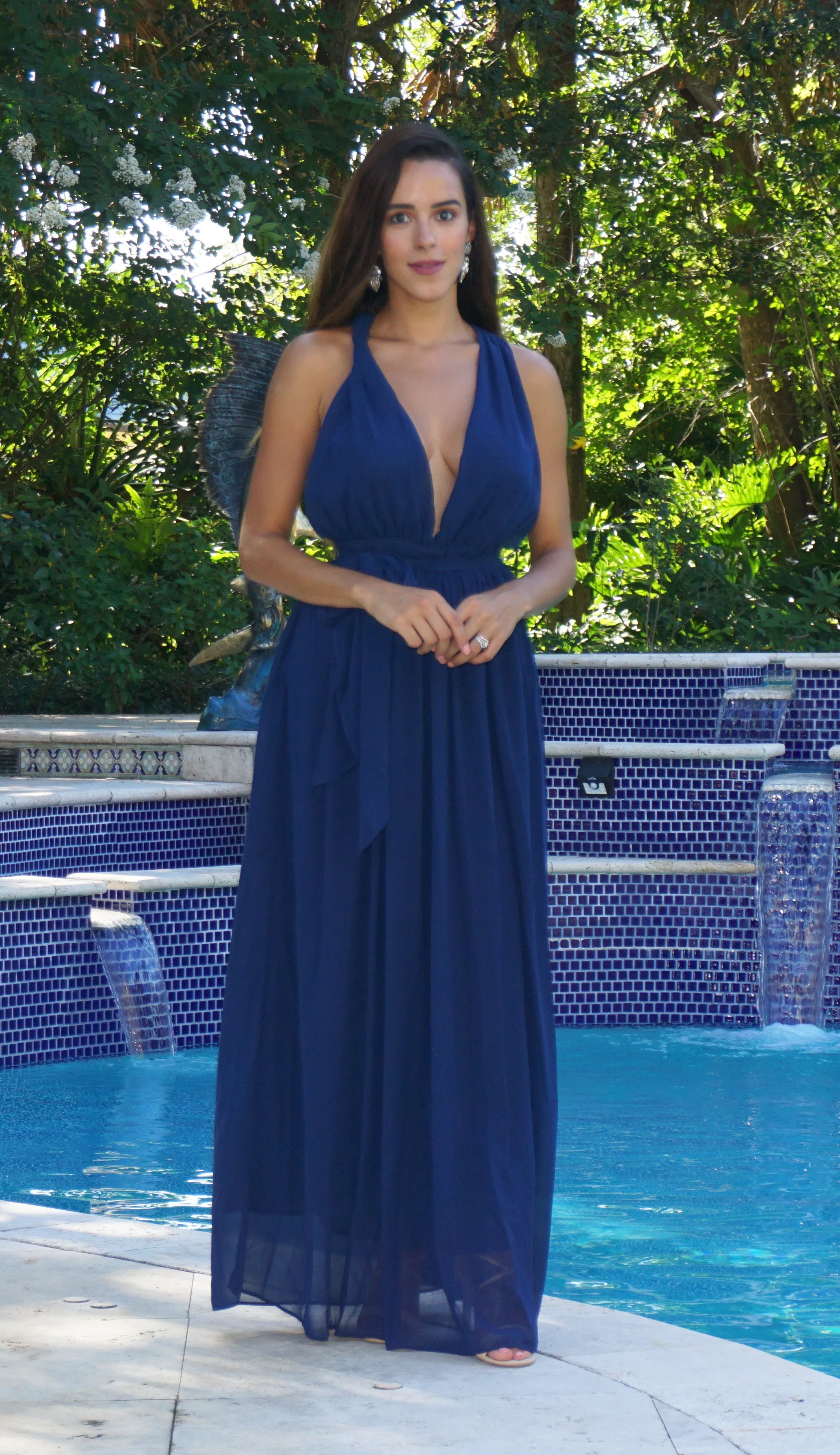 Deep Plunge Maxi Dress - Navy Blue