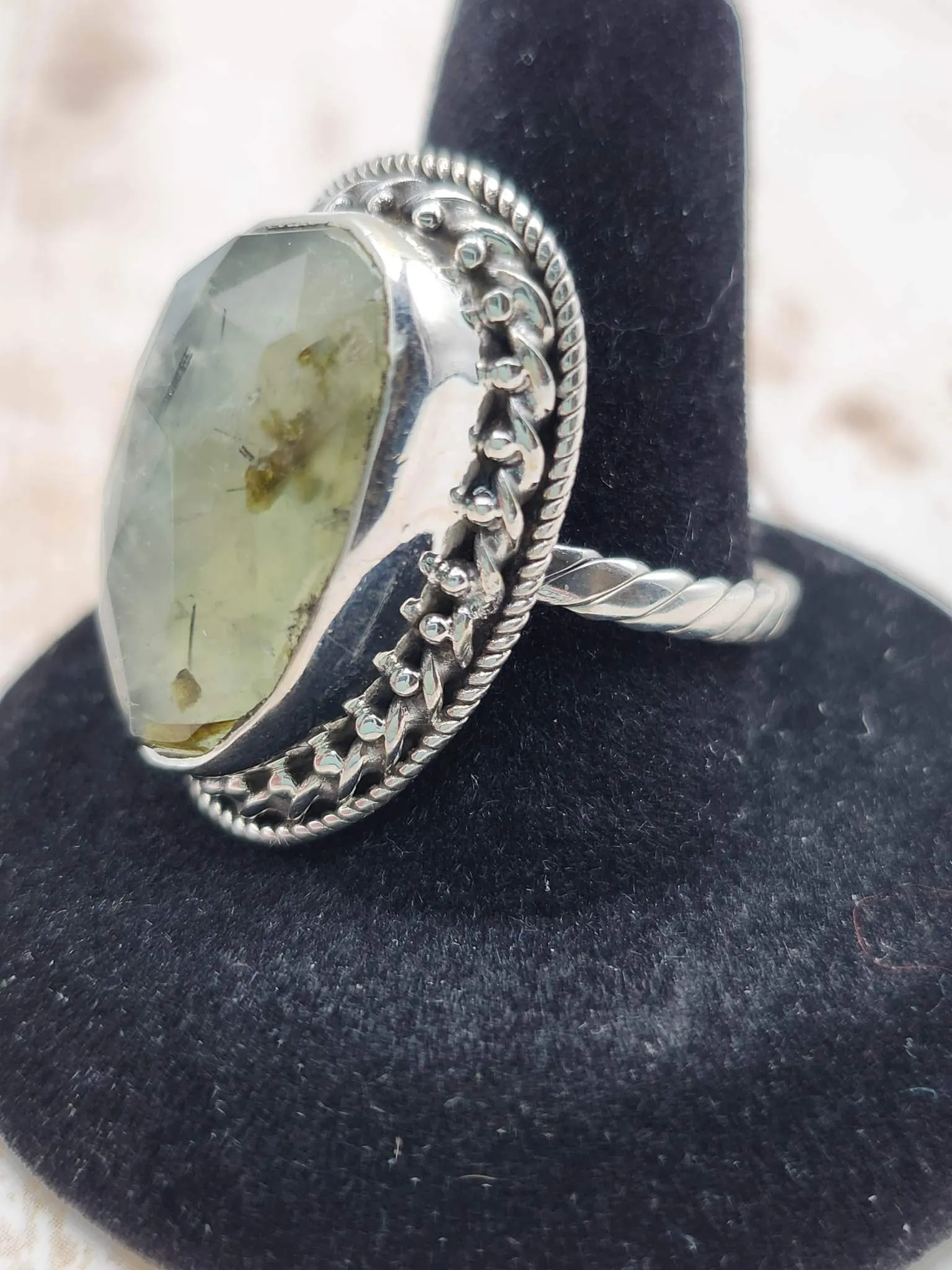 Faceted Prehnite Ring