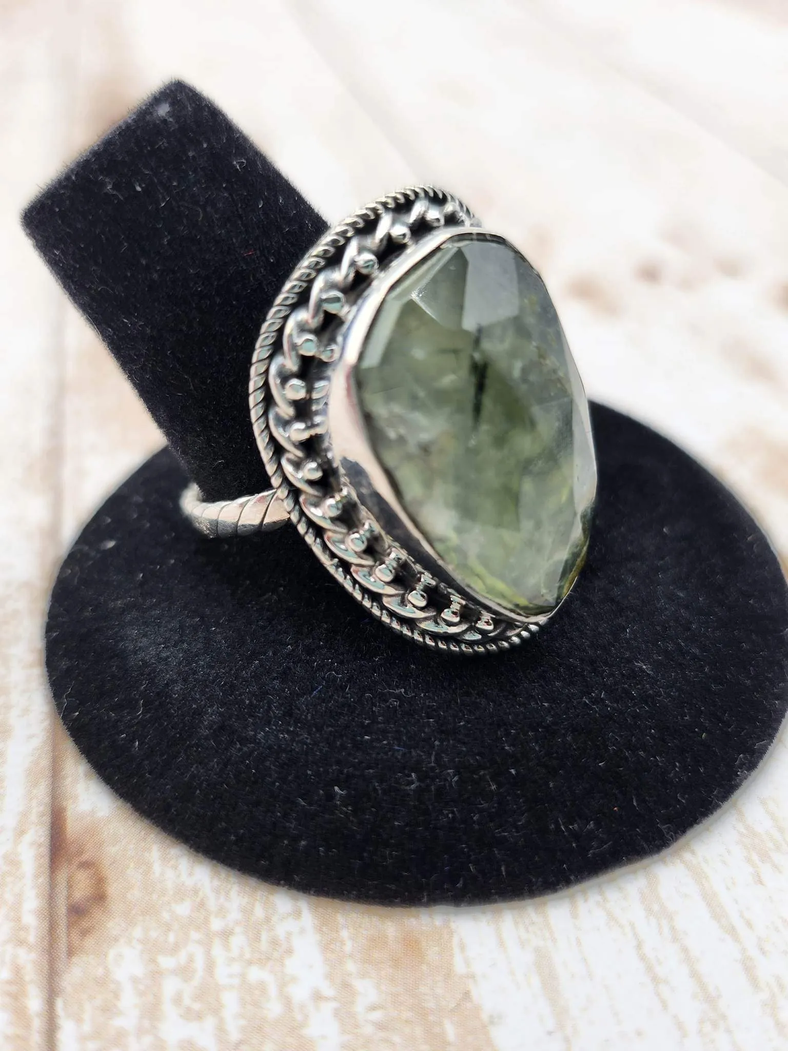 Faceted Prehnite Ring