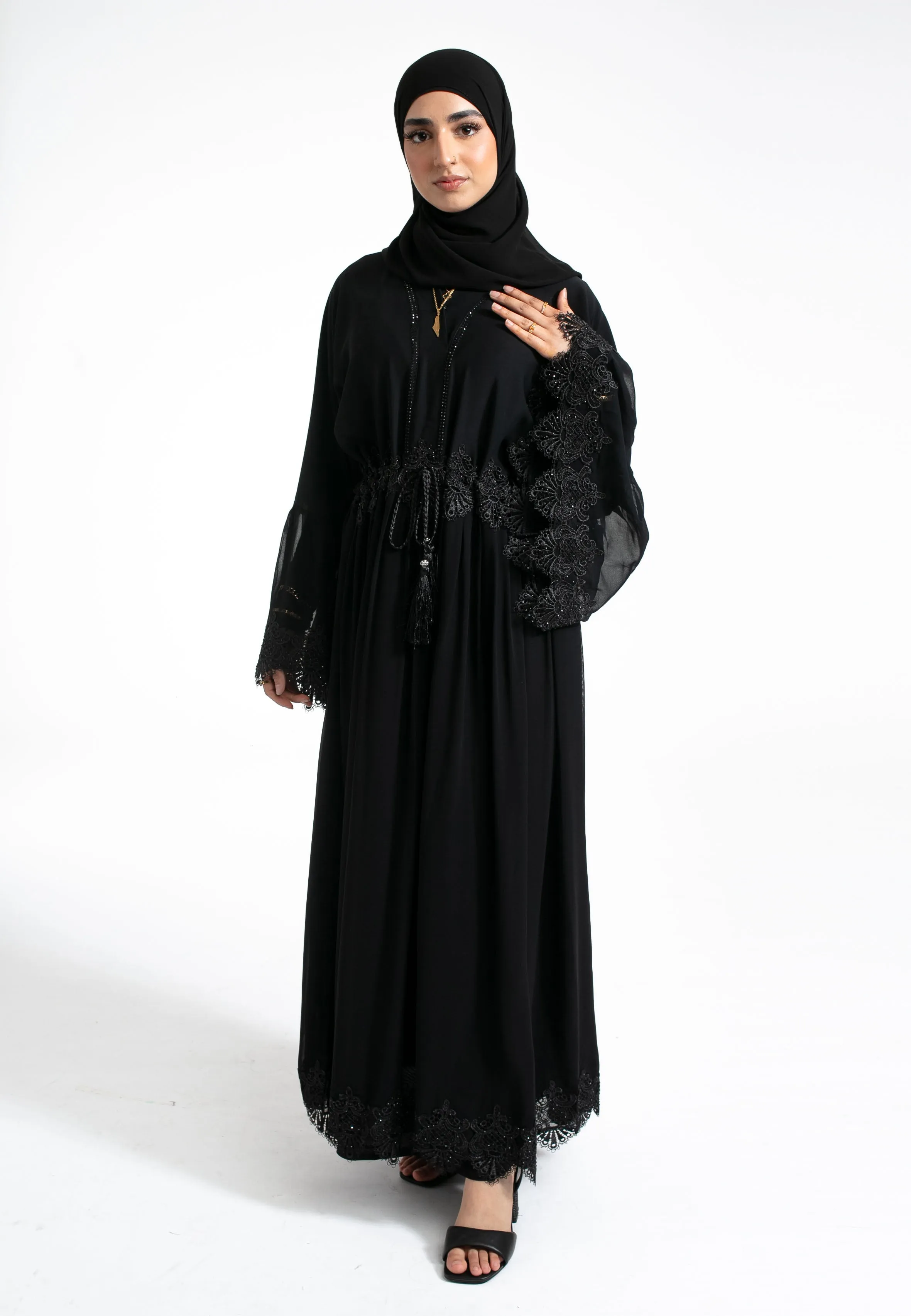 Flared A-Line Lace Abaya With Lining (Premium)