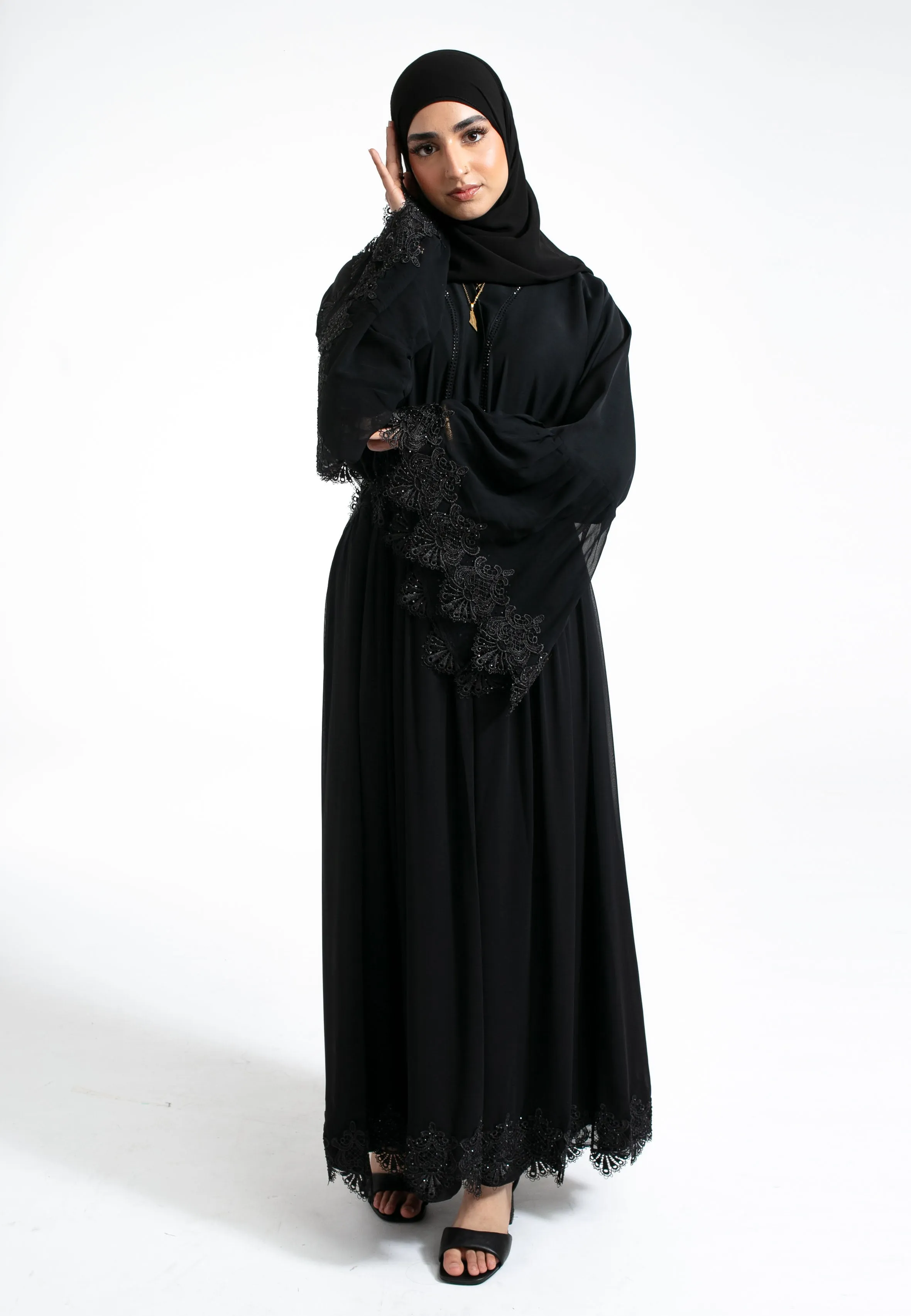 Flared A-Line Lace Abaya With Lining (Premium)