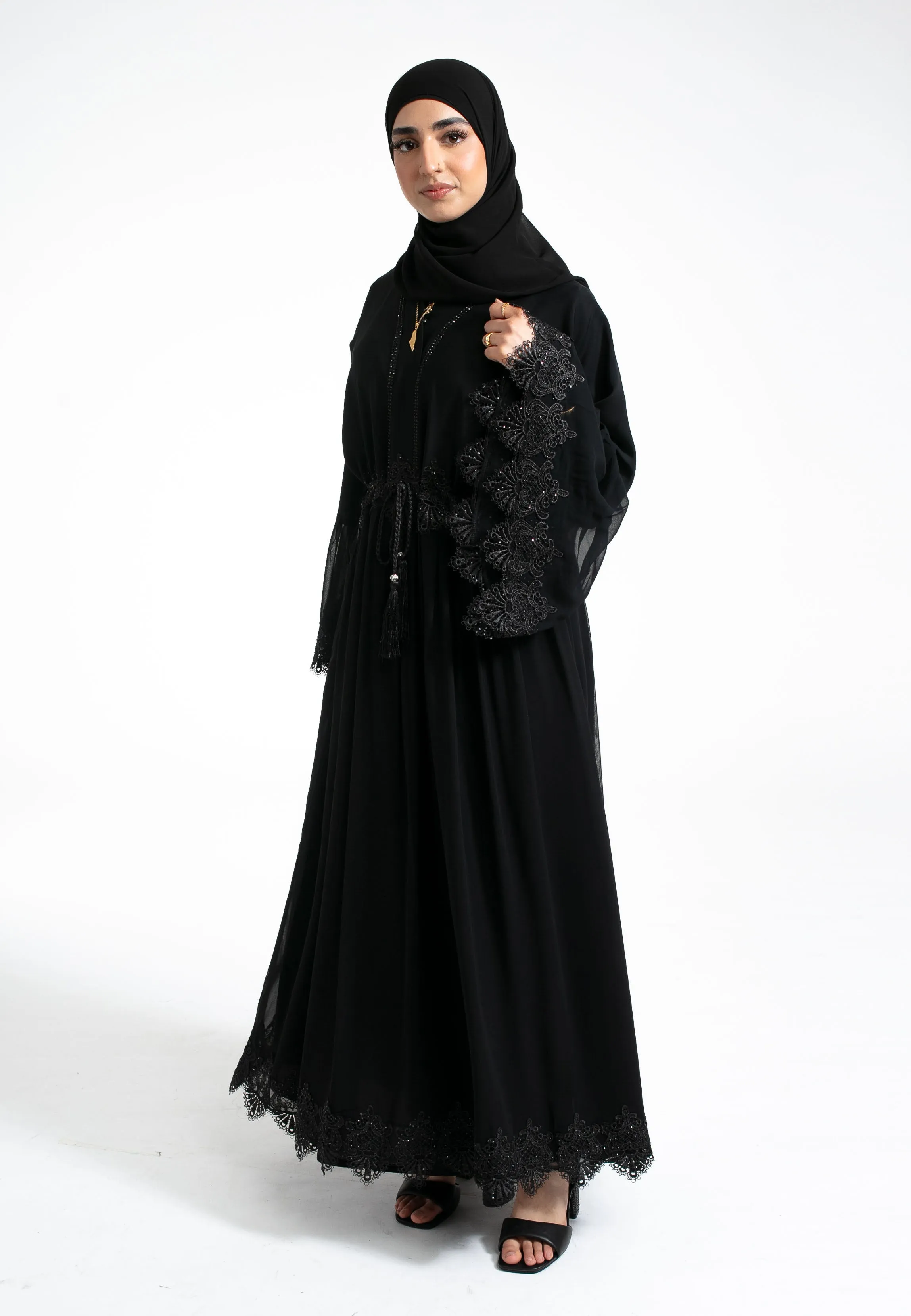 Flared A-Line Lace Abaya With Lining (Premium)