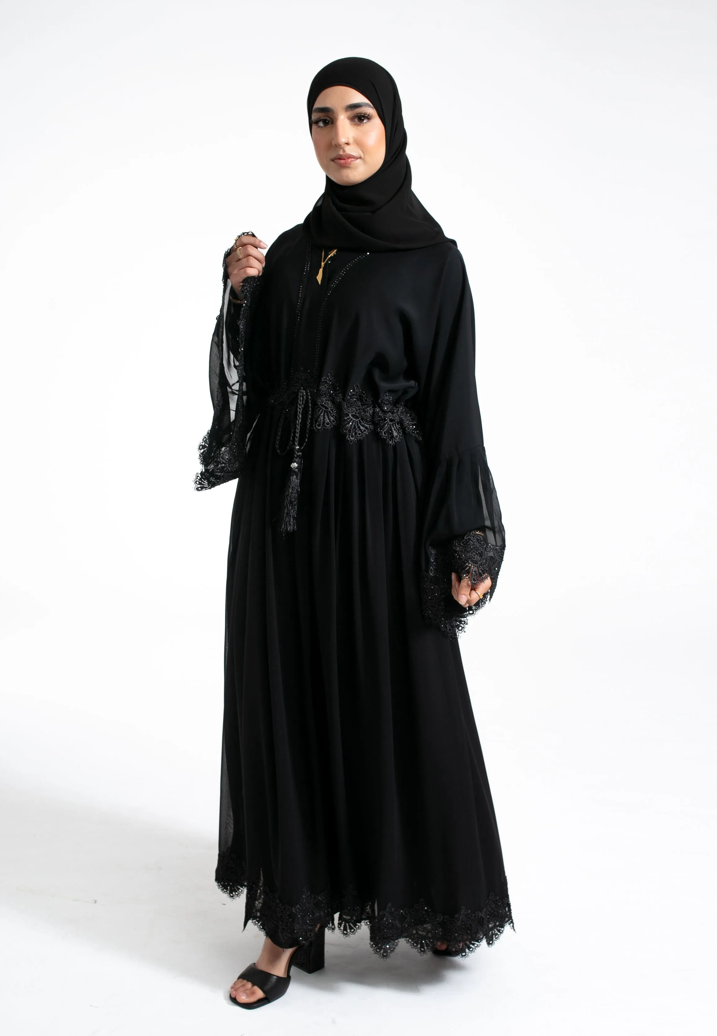 Flared A-Line Lace Abaya With Lining (Premium)