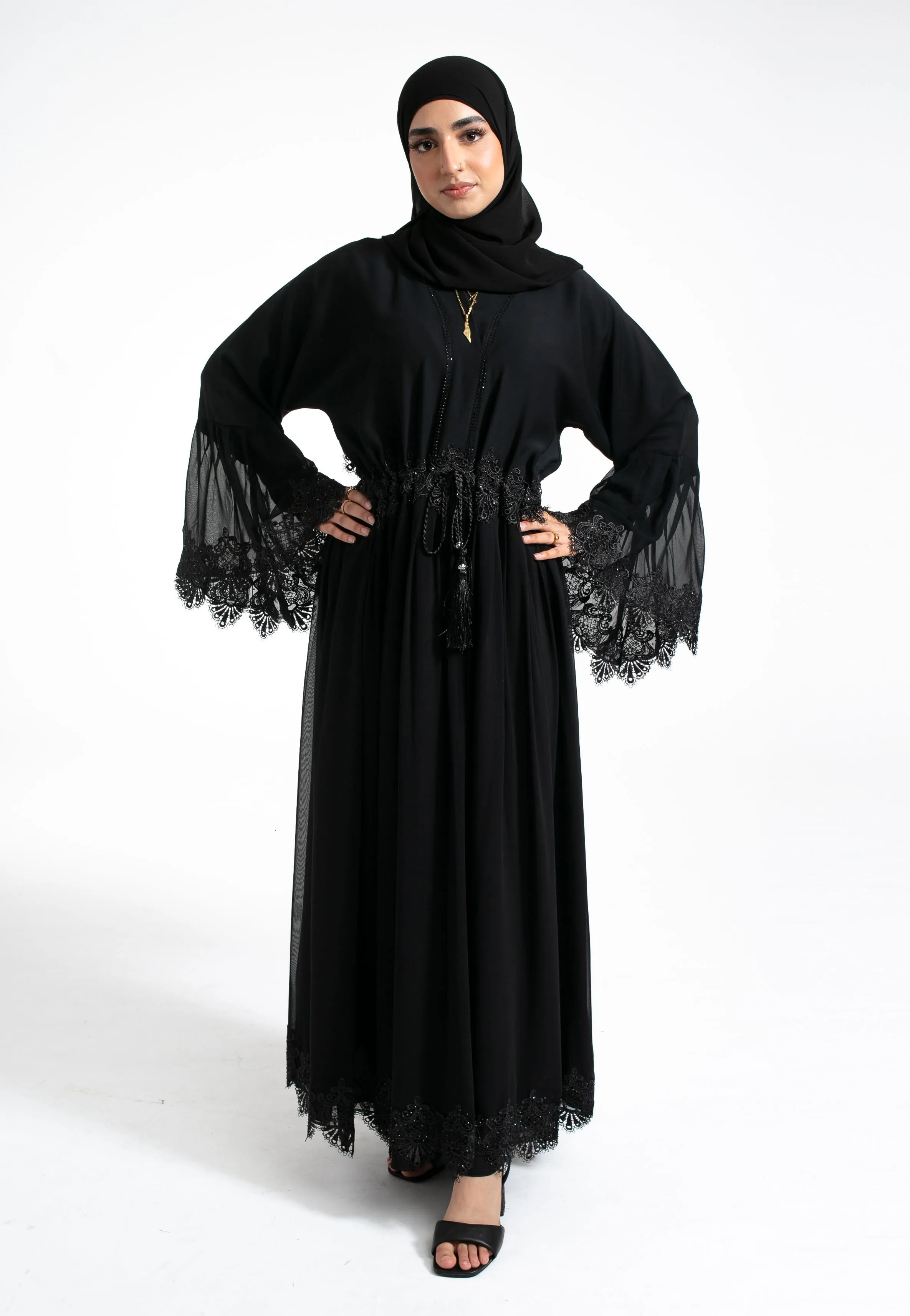 Flared A-Line Lace Abaya With Lining (Premium)