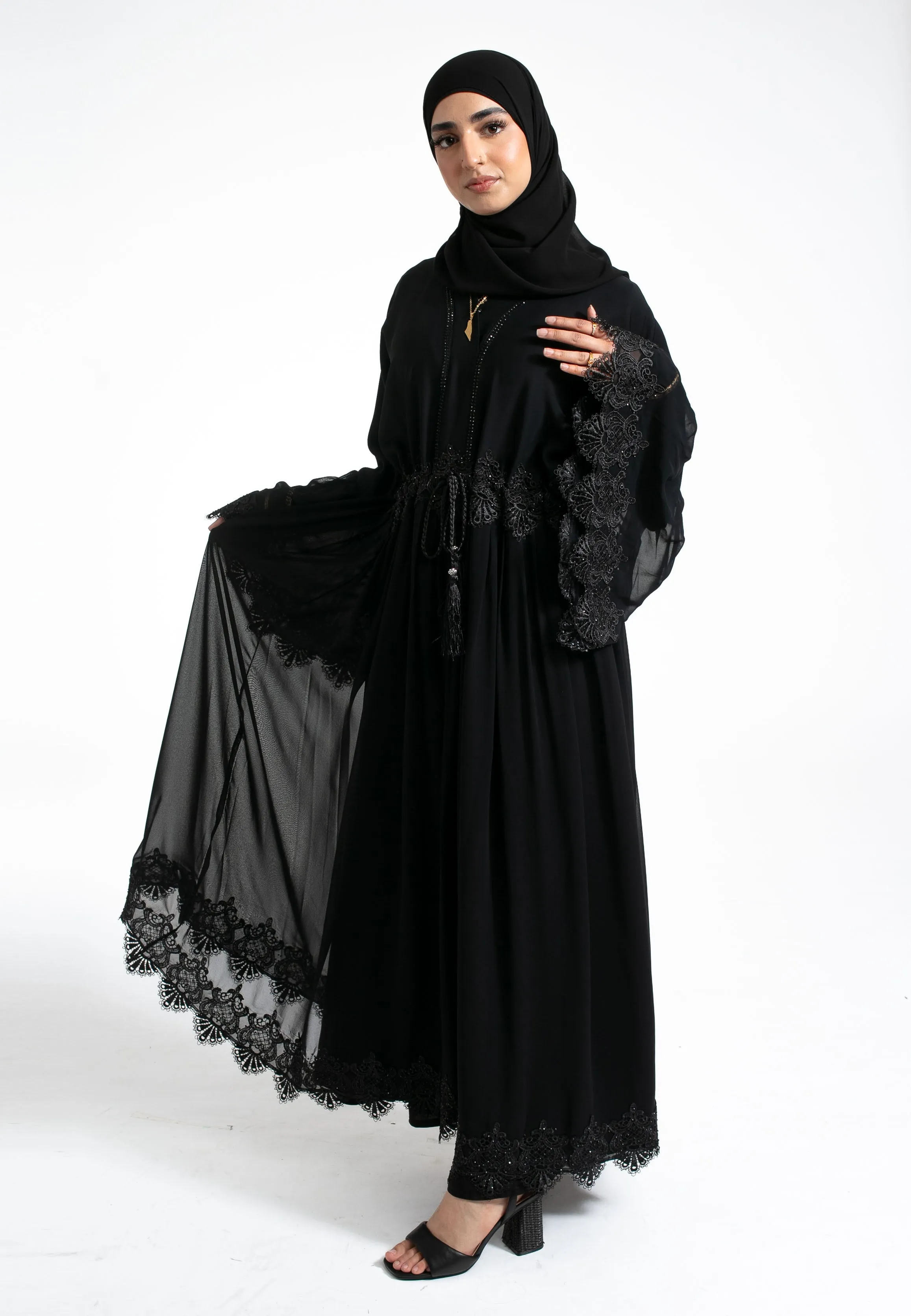 Flared A-Line Lace Abaya With Lining (Premium)