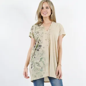 Floral V-Neck Loose Fit Tunic - Natural