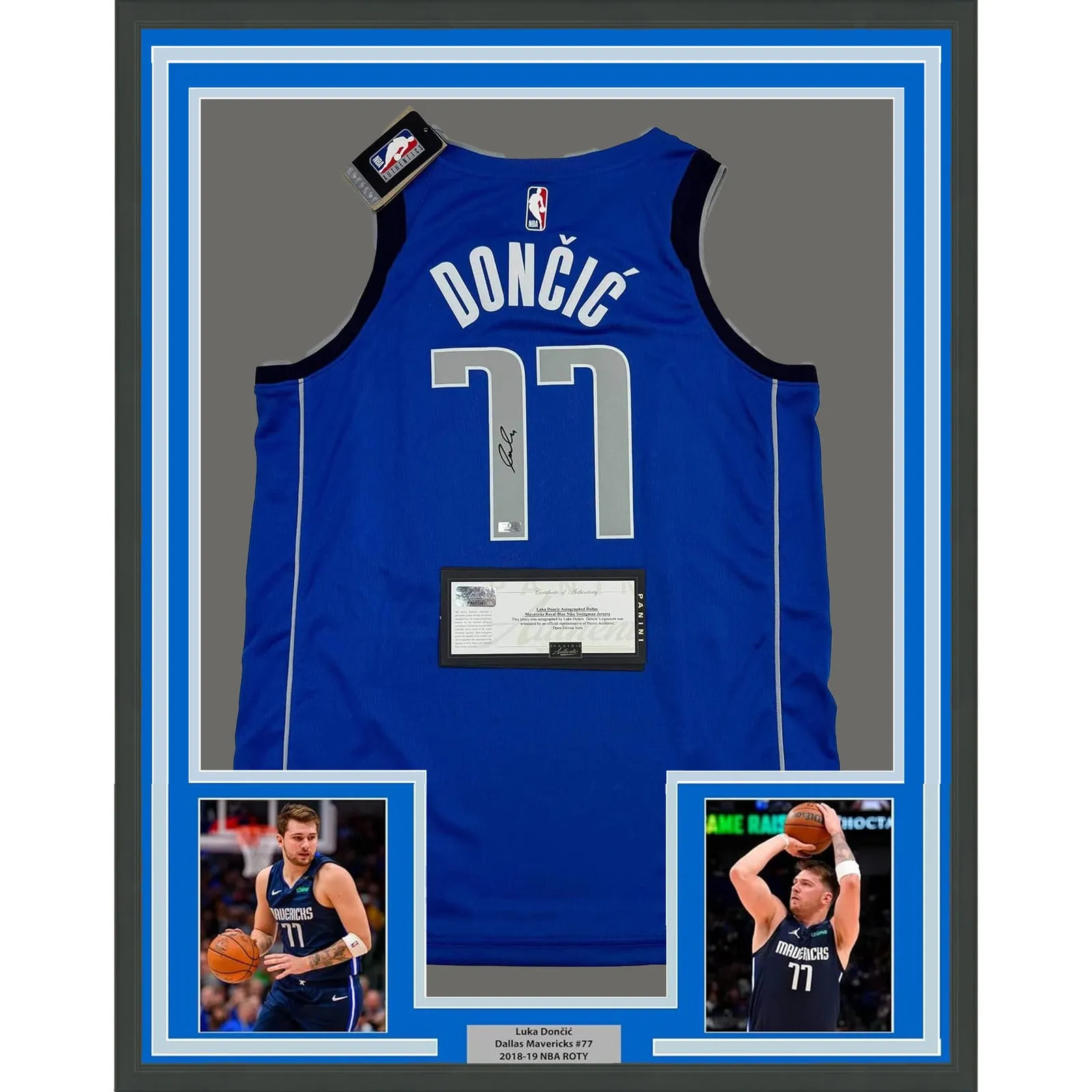 Framed Autographed/Signed Luka Doncic 35x39 Mavericks Blue Jersey Panini COA