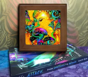 Framed Ceramic Art Tile, Mushrooms, Fairies, Fantasy Art Coaster - "Waking Life"