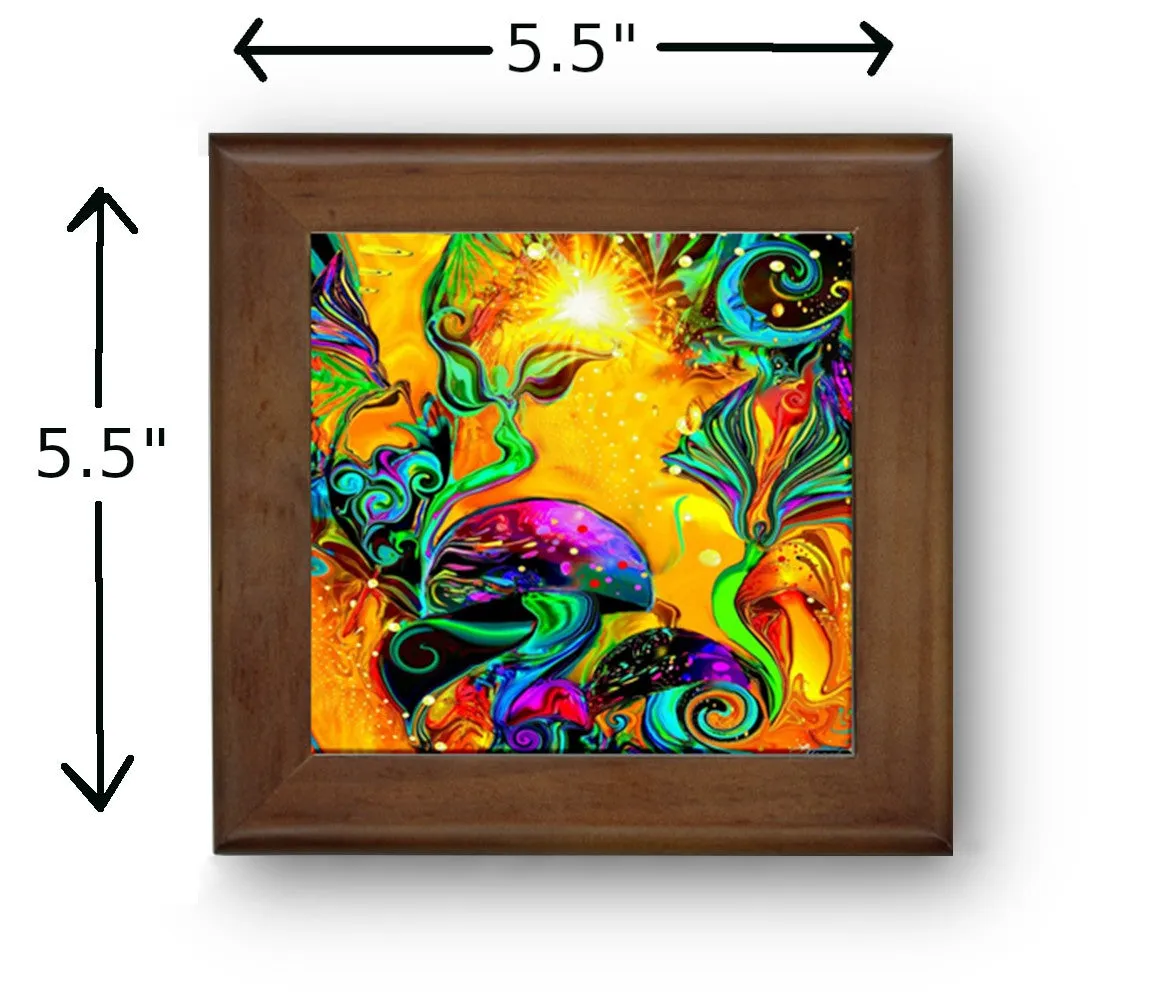 Framed Ceramic Art Tile, Mushrooms, Fairies, Fantasy Art Coaster - "Waking Life"