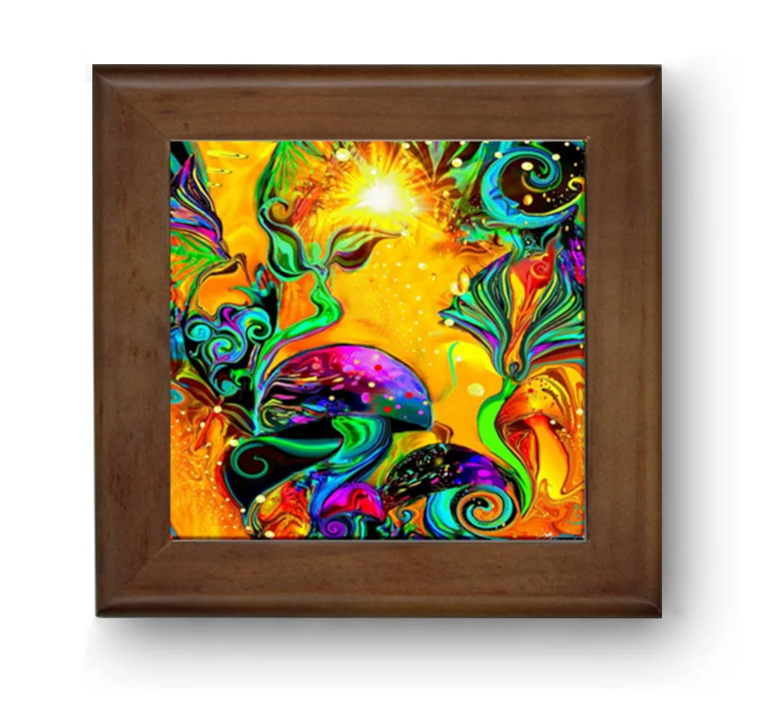 Framed Ceramic Art Tile, Mushrooms, Fairies, Fantasy Art Coaster - "Waking Life"