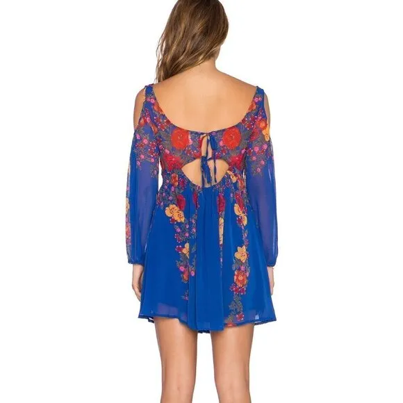Free People Penny Lover Mini Dress in Colbalt Combo Floral Cold Shoulder Size XS