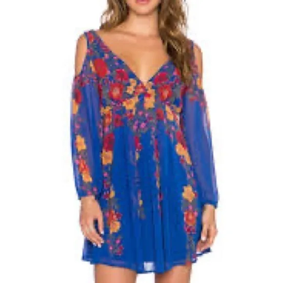 Free People Penny Lover Mini Dress in Colbalt Combo Floral Cold Shoulder Size XS