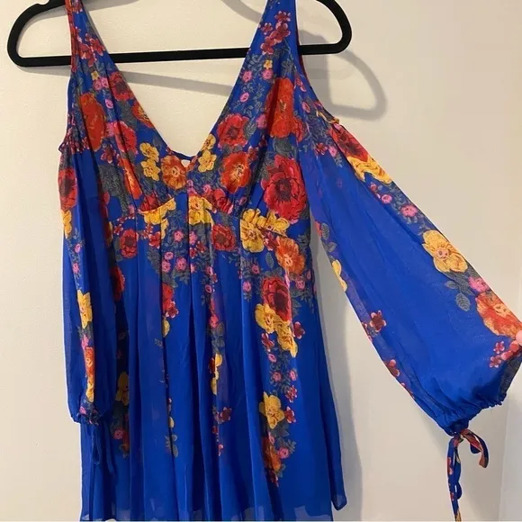 Free People Penny Lover Mini Dress in Colbalt Combo Floral Cold Shoulder Size XS