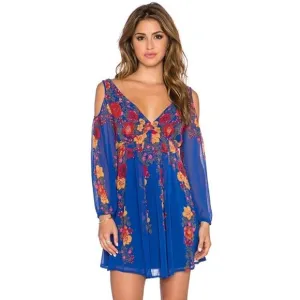 Free People Penny Lover Mini Dress in Colbalt Combo Floral Cold Shoulder Size XS