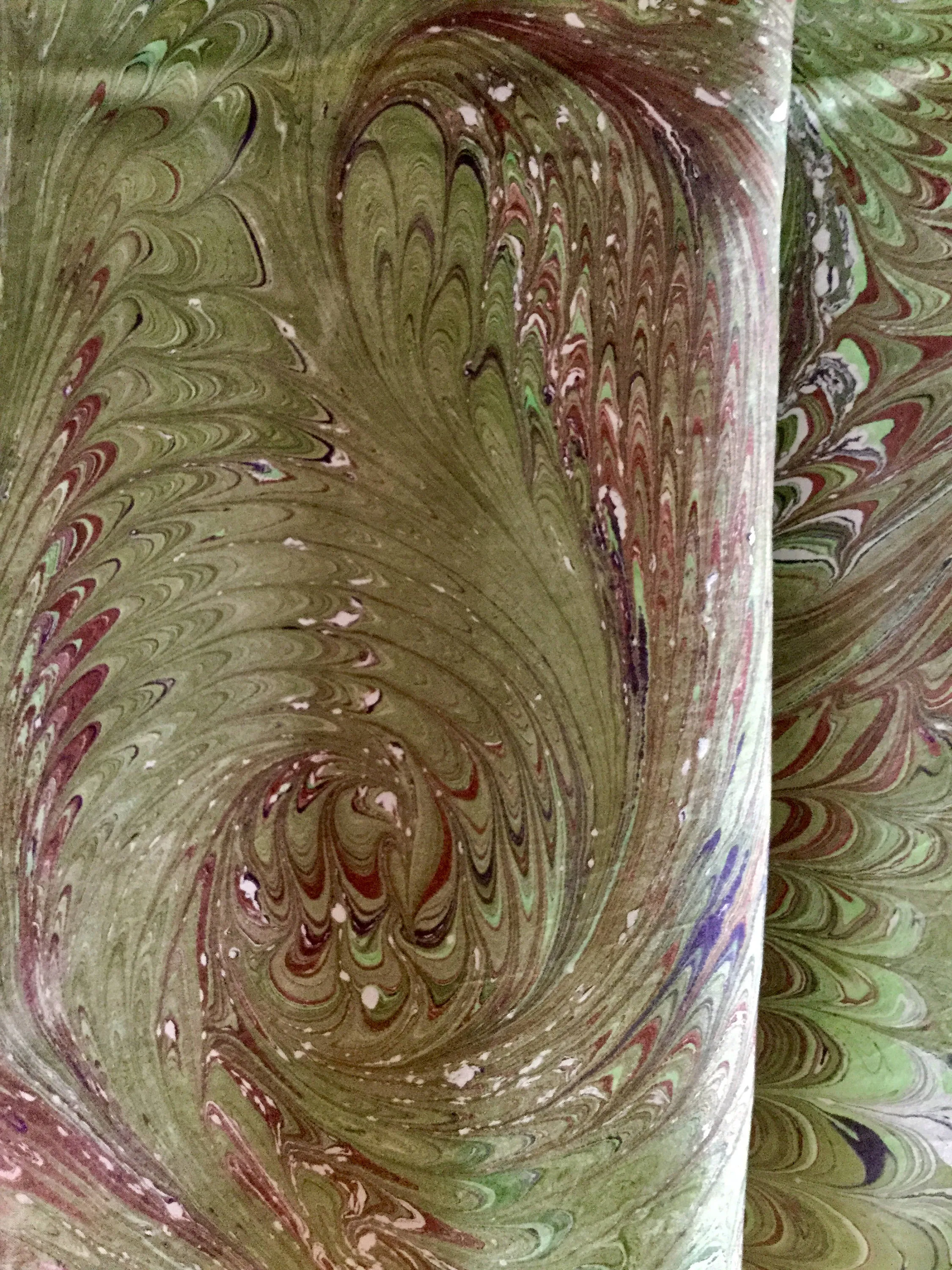 Green Beige Purple Combed Swirl Patterned Habotai Silk 14x72"