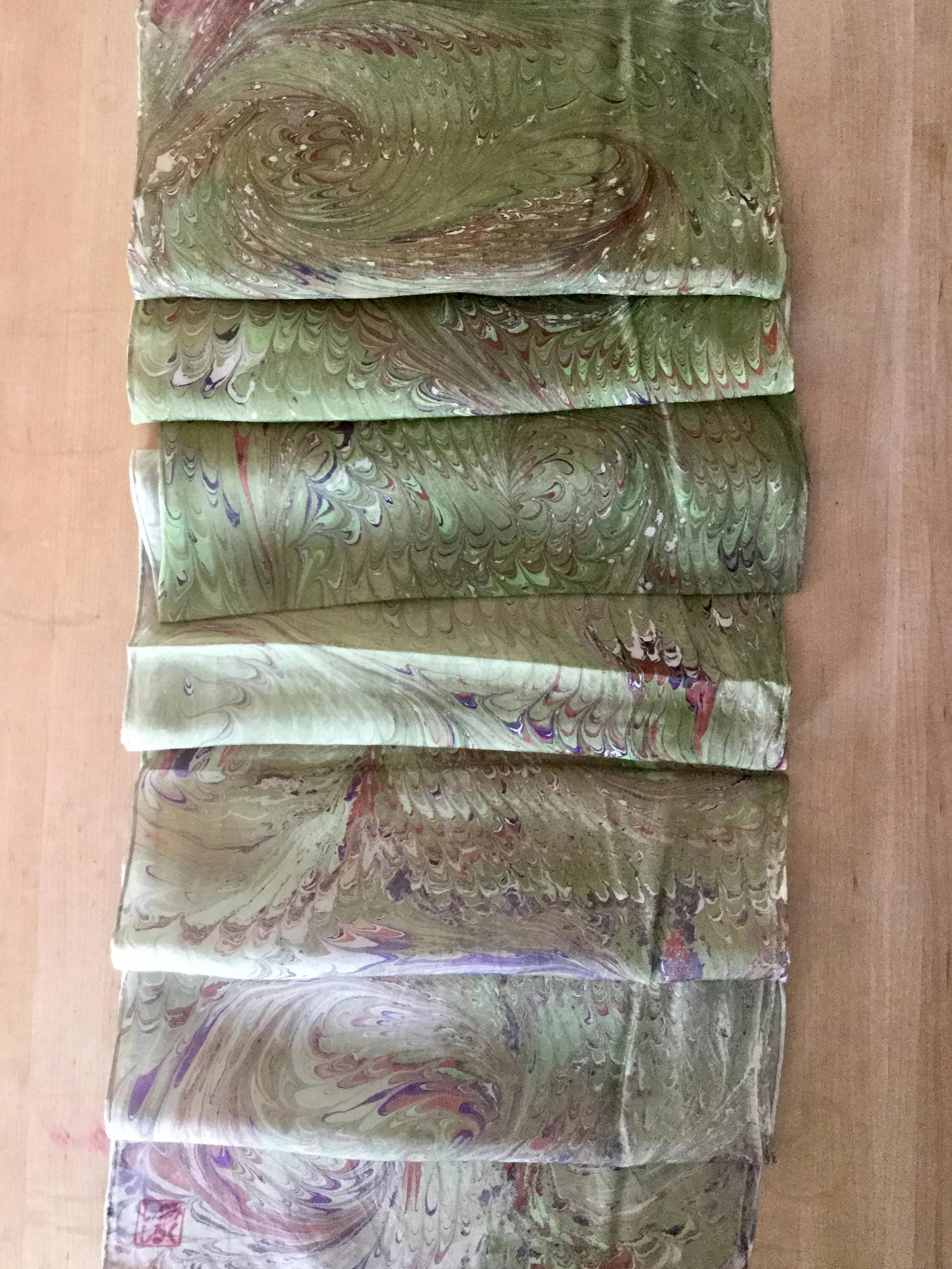 Green Beige Purple Combed Swirl Patterned Habotai Silk 14x72"