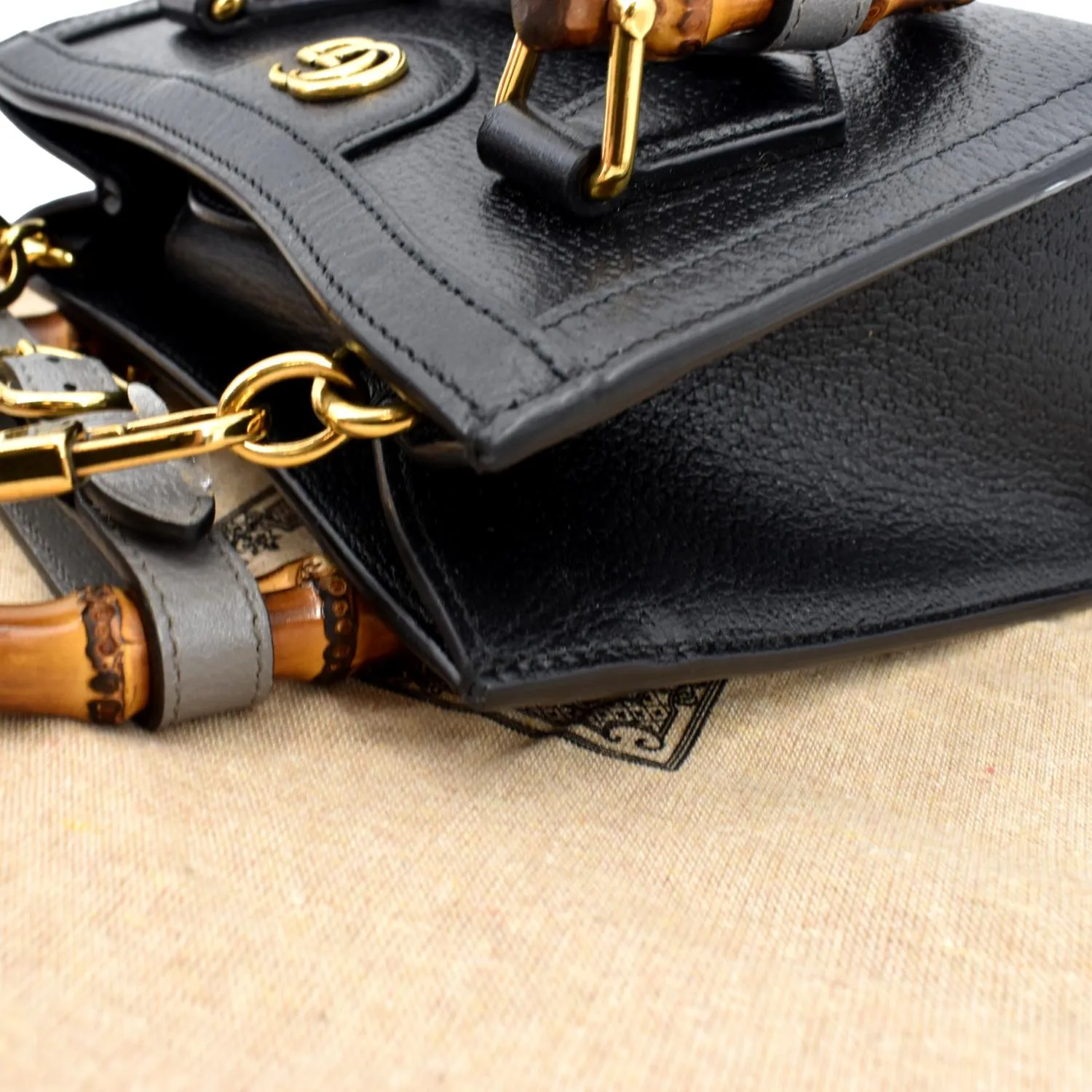 GUCCI Diana Bamboo Mini Leather Tote Bag Black 702732