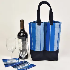 Hand Woven Wine Bottle Tote | Double in Stormy Blues Stripe