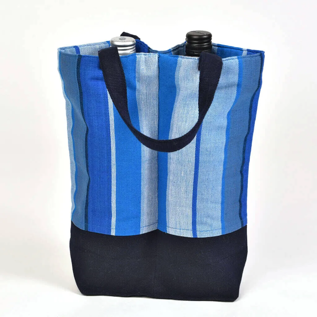 Hand Woven Wine Bottle Tote | Double in Stormy Blues Stripe