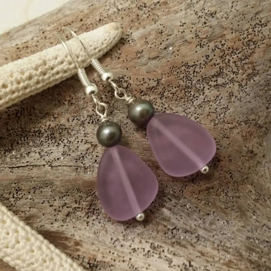 Handmade in Hawaii, "Magical Color Changing" Purple sea glass earrings