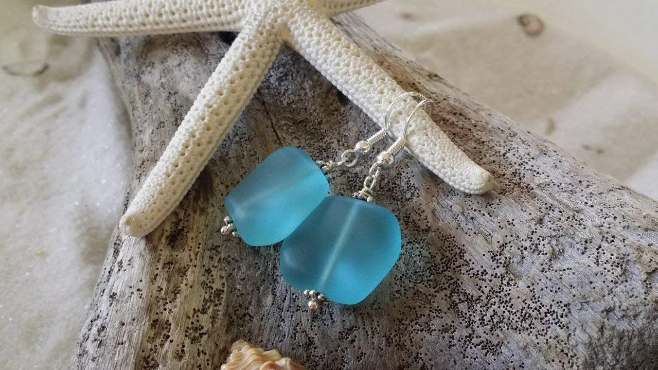 Hawaiian Jewelry Sea Glass Earrings, Minimalist Earrings Turquoise Blue Earrings, Beach Jewelry Sea Glass Birthday Gift(December Birthstone)