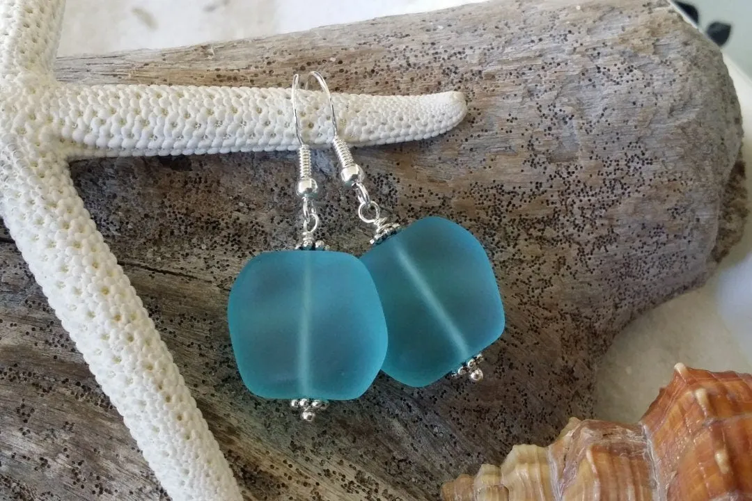 Hawaiian Jewelry Sea Glass Earrings, Minimalist Earrings Turquoise Blue Earrings, Beach Jewelry Sea Glass Birthday Gift(December Birthstone)