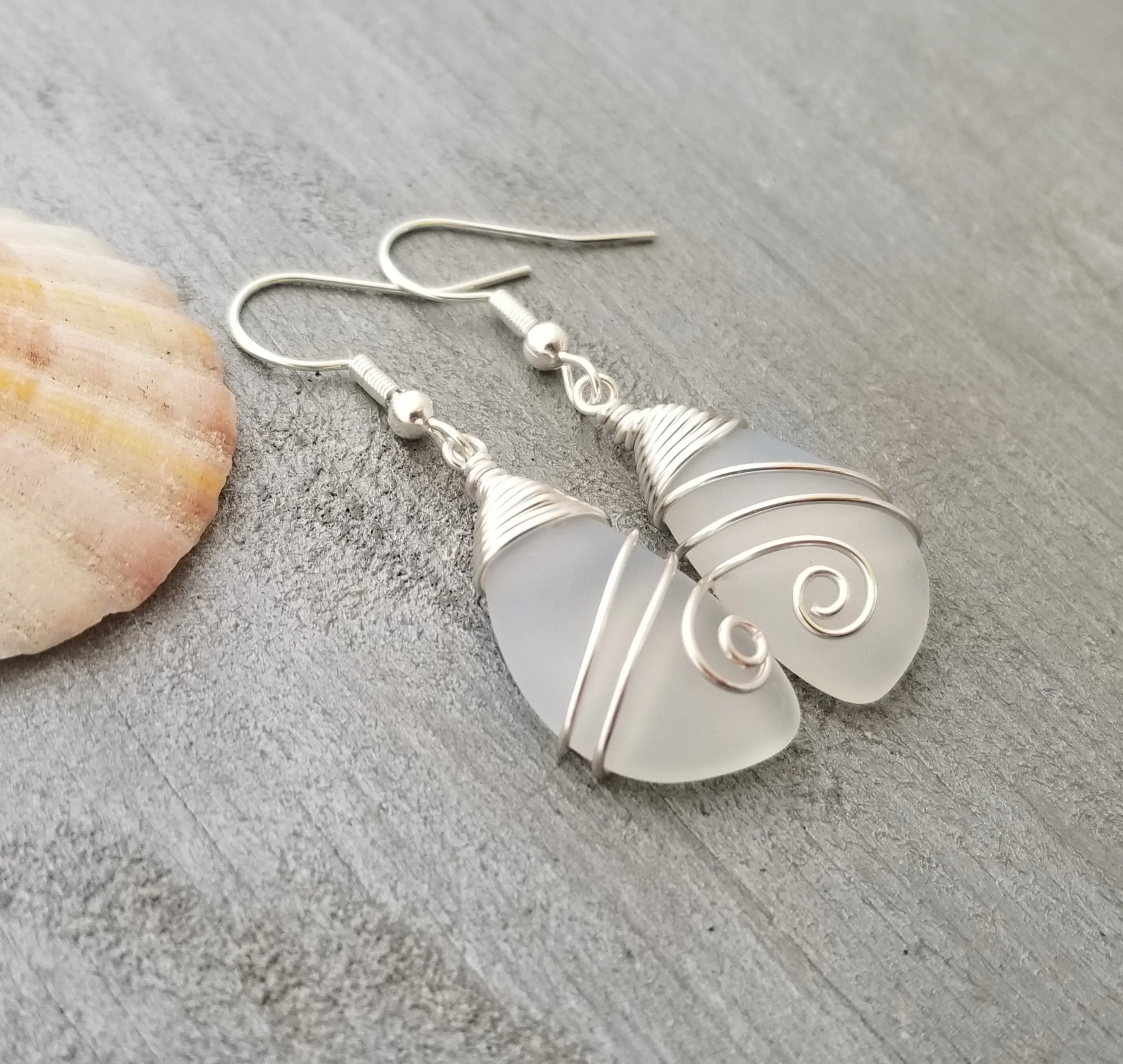 Hawaiian Jewelry Sea Glass Earrings, Wire Moonstone Earrings, Sea Glass Jewelry Beach Jewelry Unique Birthday Gift (June Birthstone Jewelry)